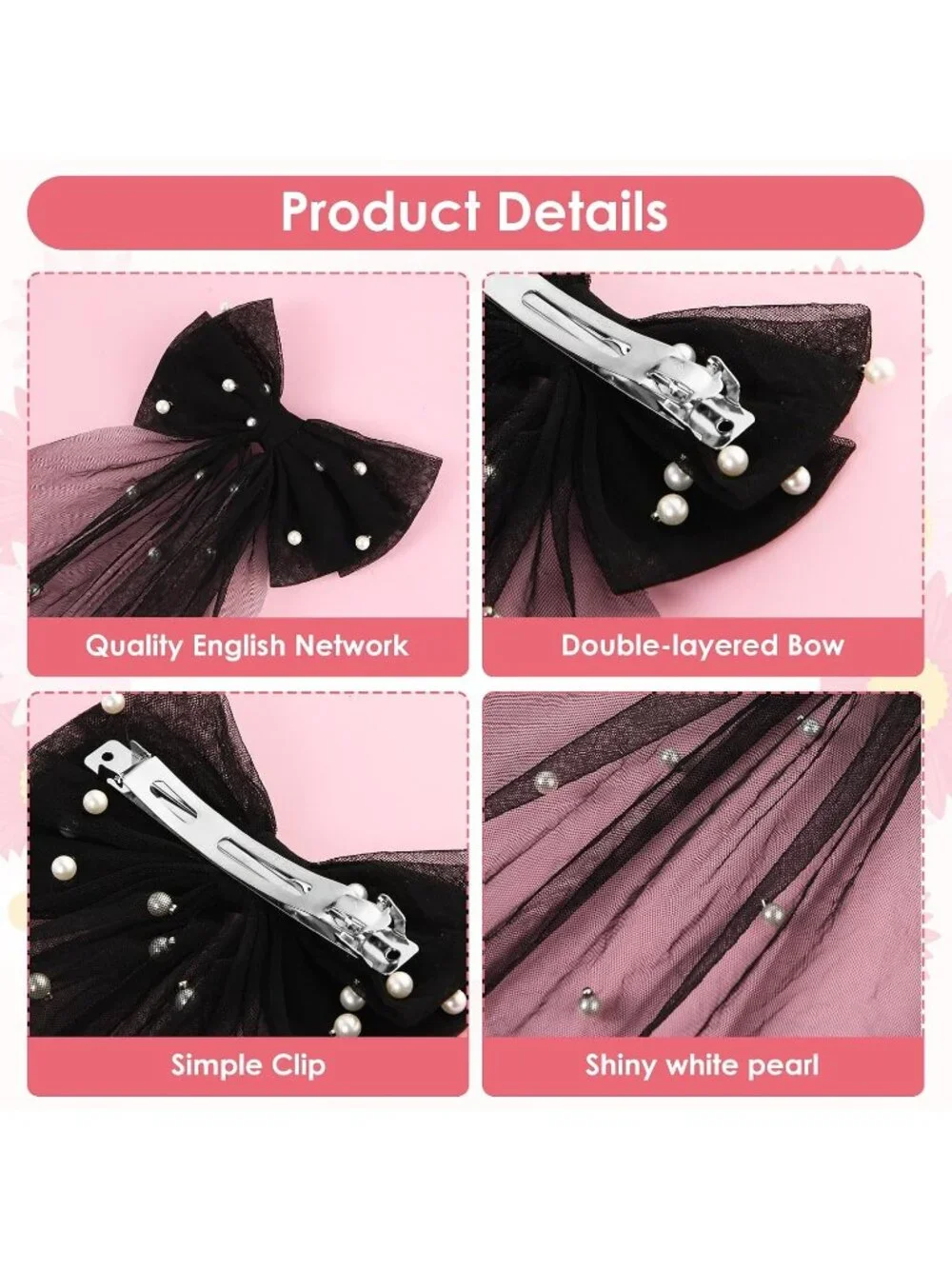 Women's Black Bridal Pearl Bridesmaid Barrette Hair SOLID Fantasy Bow Veil